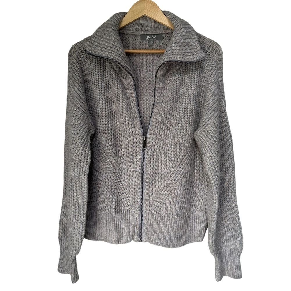 Marled Reunited Clothing Silver Gray Chunky Knit Full Zip Sweater, Medium